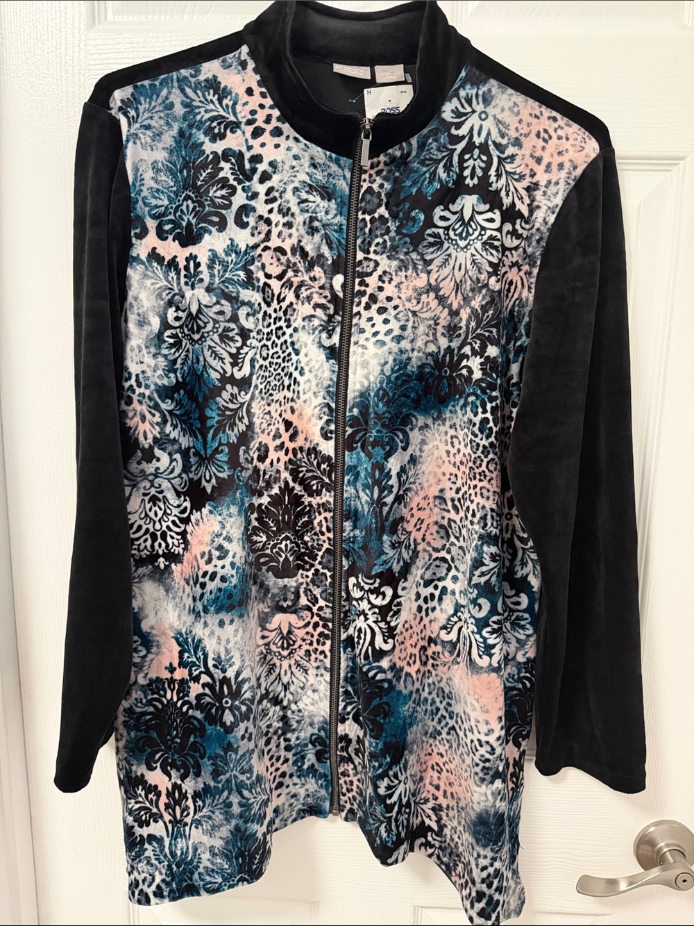 Chico's Zenergy Velour Full-Zip Jacket with Black Teal & Pink Patterned Front